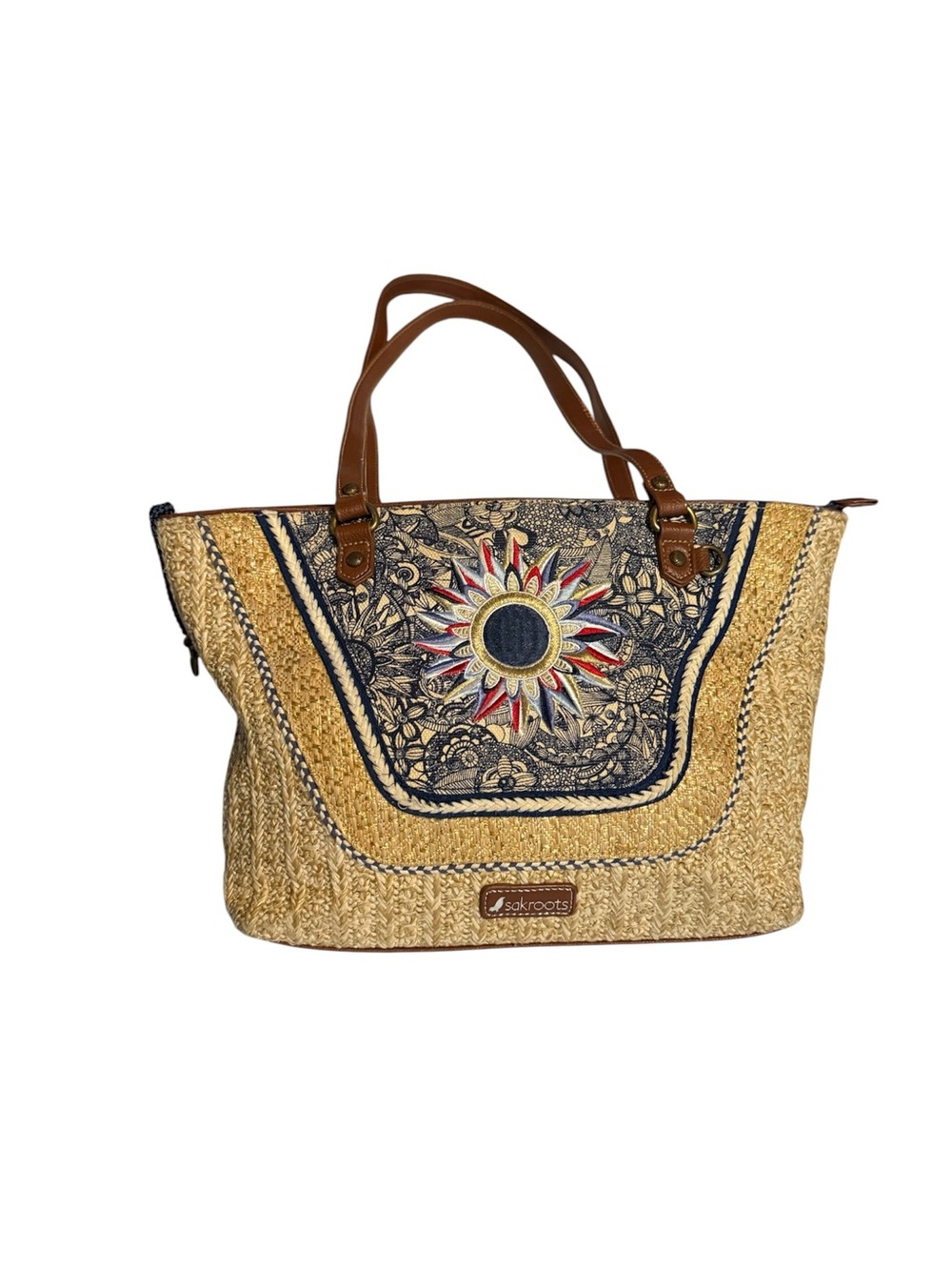 Sakroots Straw Tote Bag Sunflower Embroidered Boho Coastal Purse - Picture 4 of 13